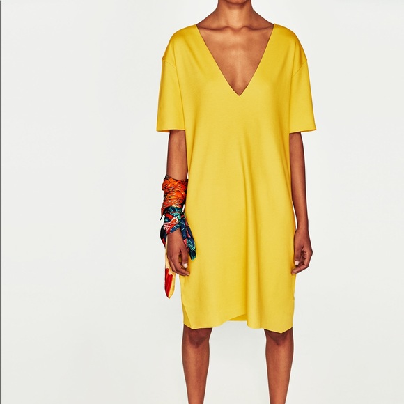 NWT Zara Yellow T-Shirt Deep V-Neck Dress - Picture 2 of 8